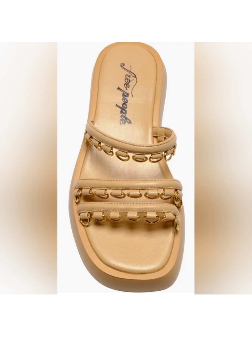 Free People Midas Touch Flatform Beige Slide Sandals with Gold Chain Trim